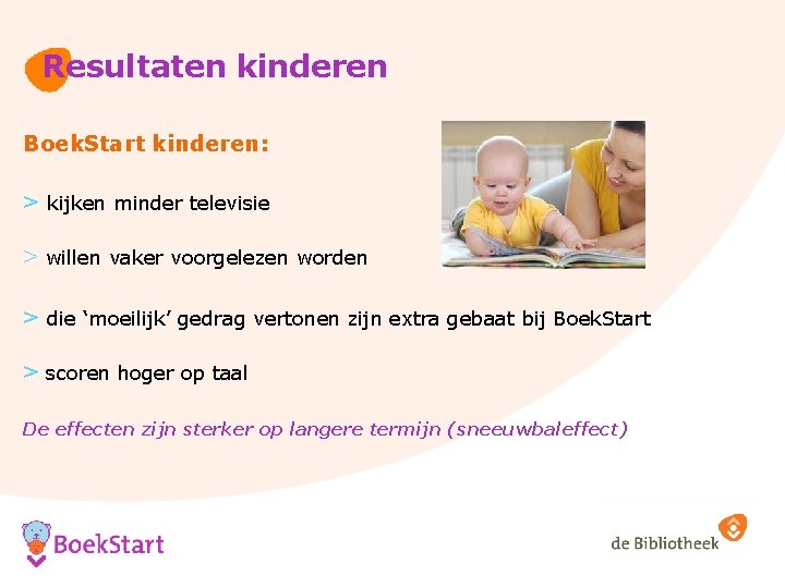 Resultaten kinderen Boek. Start kinderen: > kijken minder televisie > willen vaker voorgelezen worden