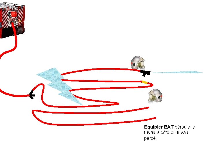 Equipier BAT déroule le tuyau à côté du tuyau percé 