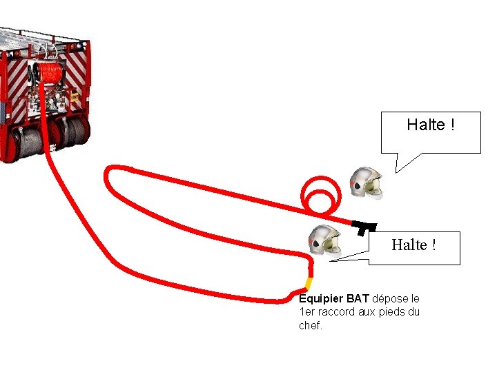 Halte ! Equipier BAT dépose le 1 er raccord aux pieds du chef. 