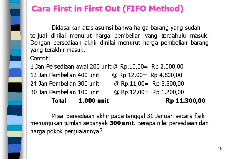 Cara First in First Out (FIFO Method) Didasarkan atas asumsi bahwa harga barang yang