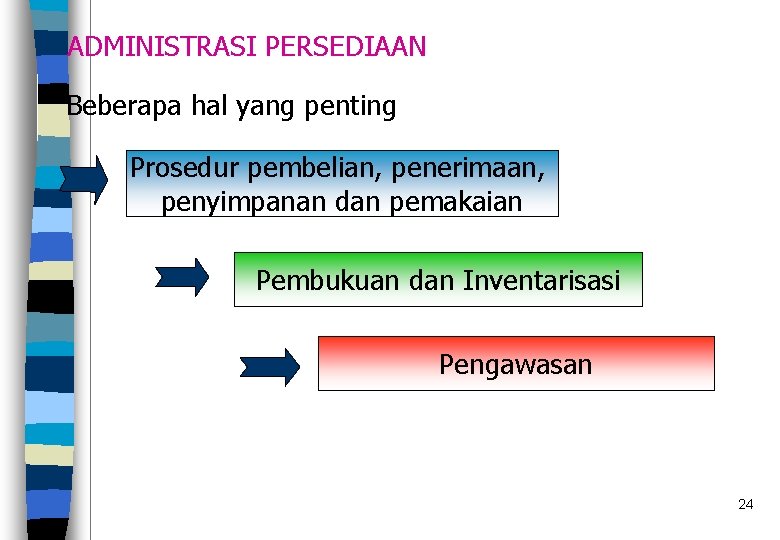 ADMINISTRASI PERSEDIAAN Beberapa hal yang penting Prosedur pembelian, penerimaan, penyimpanan dan pemakaian Pembukuan dan