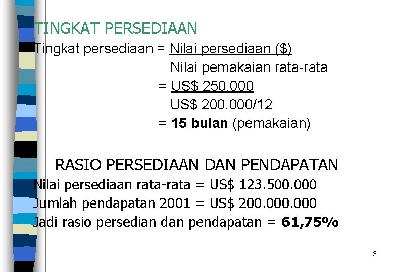 TINGKAT PERSEDIAAN Tingkat persediaan = Nilai persediaan ($) Nilai pemakaian rata-rata = US$ 250.