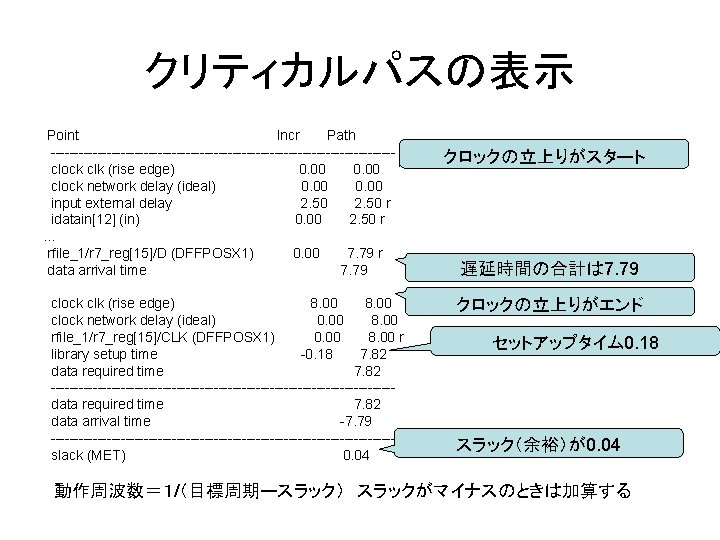 クリティカルパスの表示 Point Incr Path -------------------------------------clock clk (rise edge) 0. 00 clock network delay (ideal)