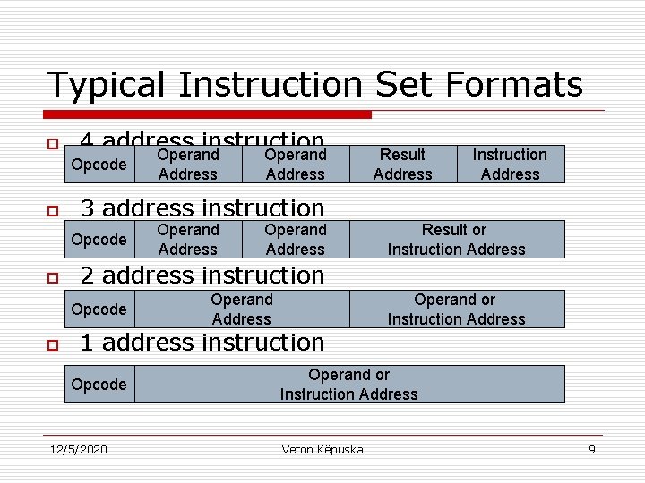 Typical Instruction Set Formats o 4 address instruction Operand Opcode o Operand Address Instruction