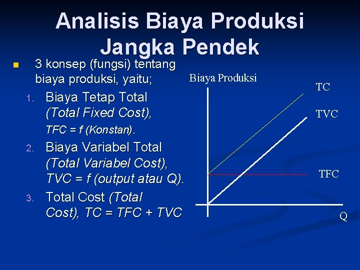 n Analisis Biaya Produksi Jangka Pendek 3 konsep (fungsi) tentang biaya produksi, yaitu; 1.