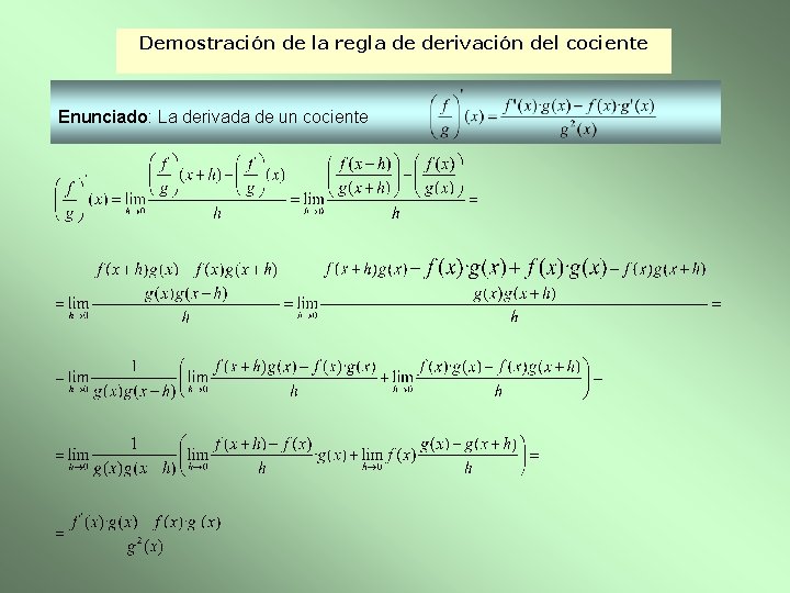 Demostración de la regla de derivación del cociente Enunciado: La derivada de un cociente