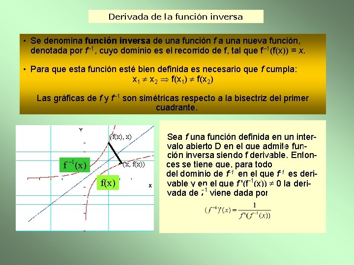 Derivada de la función inversa • Se denomina función inversa de una función f