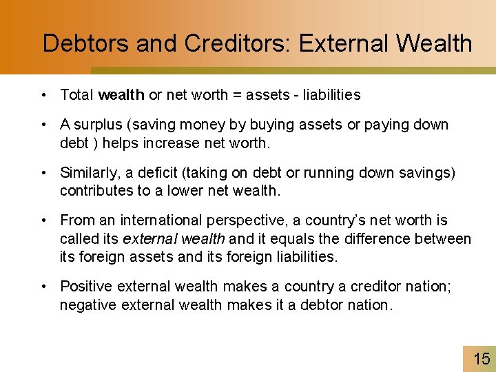 Debtors and Creditors: External Wealth • Total wealth or net worth = assets -