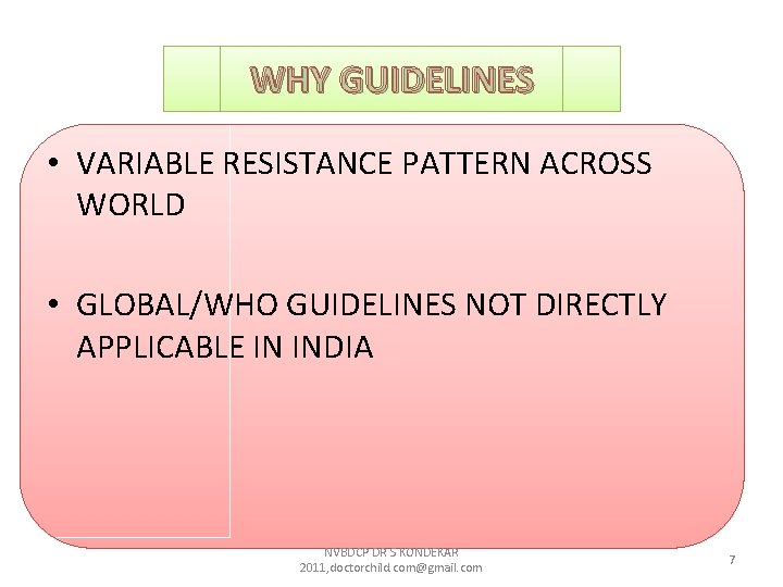 WHY GUIDELINES • VARIABLE RESISTANCE PATTERN ACROSS WORLD • GLOBAL/WHO GUIDELINES NOT DIRECTLY APPLICABLE WHY GUIDELINES • VARIABLE RESISTANCE PATTERN ACROSS WORLD • GLOBAL/WHO GUIDELINES NOT DIRECTLY APPLICABLE