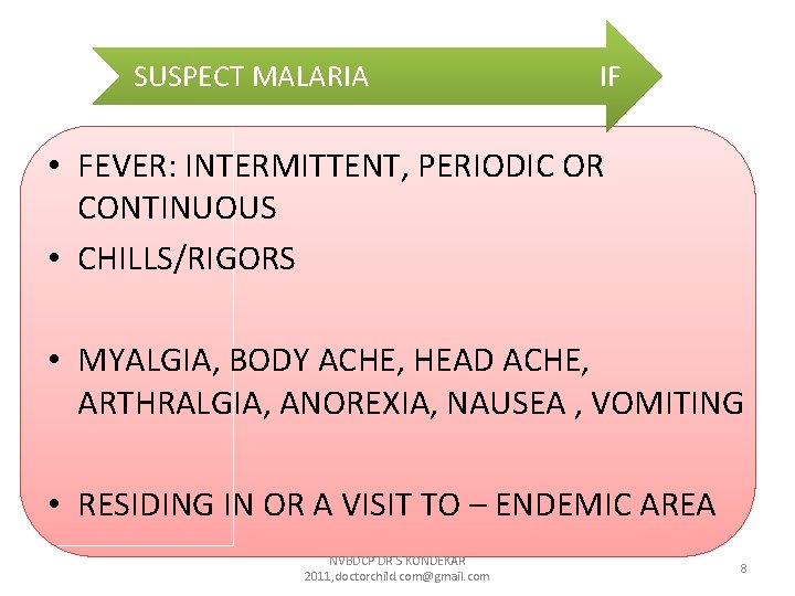 SUSPECT MALARIA IF • FEVER: INTERMITTENT, PERIODIC OR CONTINUOUS • CHILLS/RIGORS • MYALGIA, BODY SUSPECT MALARIA IF • FEVER: INTERMITTENT, PERIODIC OR CONTINUOUS • CHILLS/RIGORS • MYALGIA, BODY