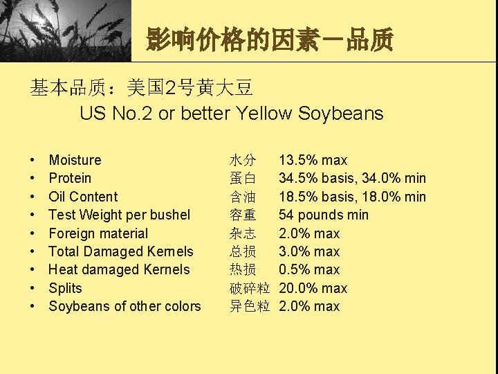 影响价格的因素－品质 基本品质：美国 2号黄大豆 US No. 2 or better Yellow Soybeans • • • Moisture