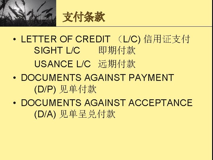 支付条款 • LETTER OF CREDIT （L/C) 信用证支付 SIGHT L/C 即期付款 USANCE L/C 远期付款 •