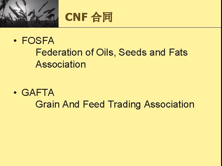 CNF 合同 • FOSFA Federation of Oils, Seeds and Fats Association • GAFTA Grain