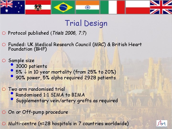 Trial Design o Protocol published (Trials 2006, 7: 7) o Funded: UK Medical Research