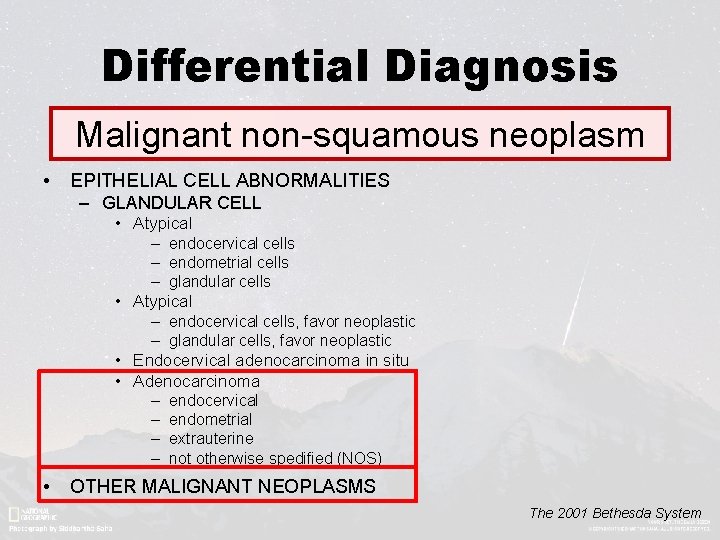 Differential Diagnosis Malignant non-squamous neoplasm • EPITHELIAL CELL ABNORMALITIES – GLANDULAR CELL • Atypical