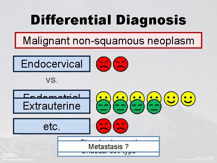 Differential Diagnosis Malignant non-squamous neoplasm Endocervical VS. Endometrial Extrauterine etc. Clear background Metastasis ?