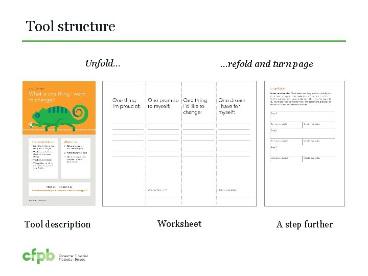 Tool structure Unfold… Tool description …refold and turn page Worksheet A step further 
