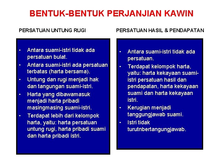 BENTUK-BENTUK PERJANJIAN KAWIN PERSATUAN UNTUNG RUGI • • • Antara suami-istri tidak ada persatuan