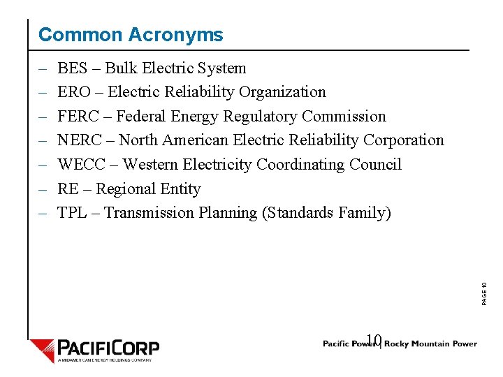 Common Acronyms BES – Bulk Electric System ERO – Electric Reliability Organization FERC –