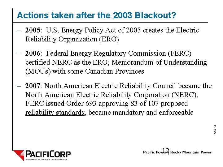 Actions taken after the 2003 Blackout? – 2005: U. S. Energy Policy Act of