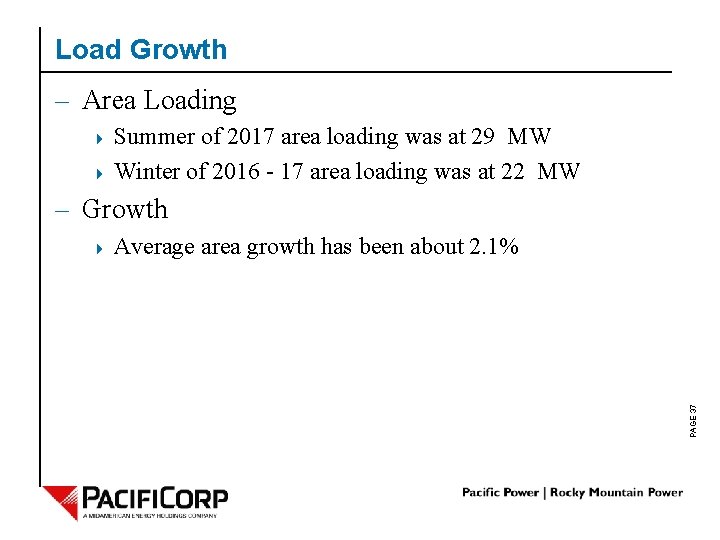 Load Growth – Area Loading Summer of 2017 area loading was at 29 MW