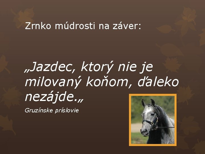 Zrnko múdrosti na záver: „Jazdec, ktorý nie je milovaný koňom, ďaleko nezájde. „ Gruzínske