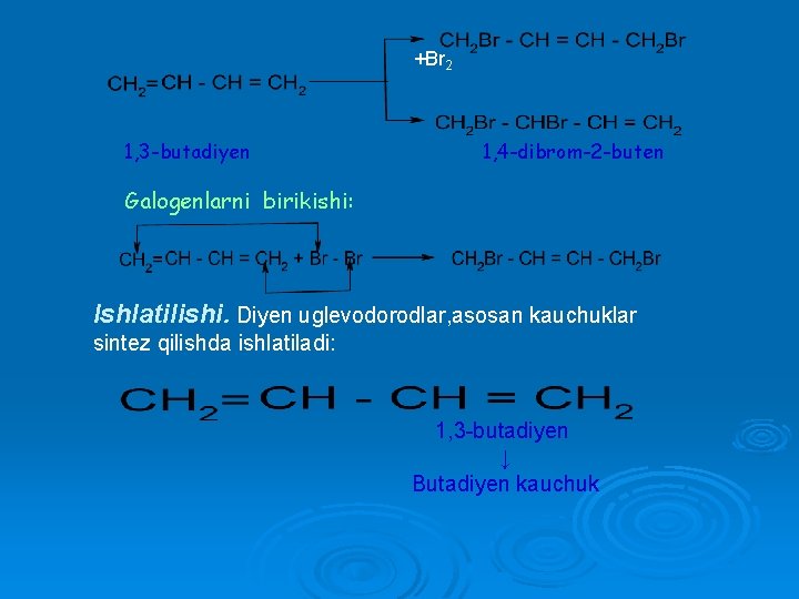 +Br 2 1, 3 -butadiyen 1, 4 -dibrom-2 -buten Galogenlarni birikishi: Ishlatilishi. Diyen uglevodorodlar,