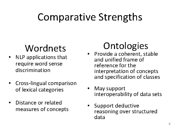 Comparative Strengths Wordnets • NLP applications that require word sense discrimination • Cross-lingual comparison