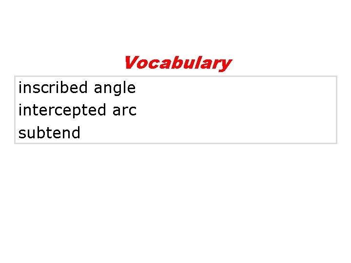 Vocabulary inscribed angle intercepted arc subtend 