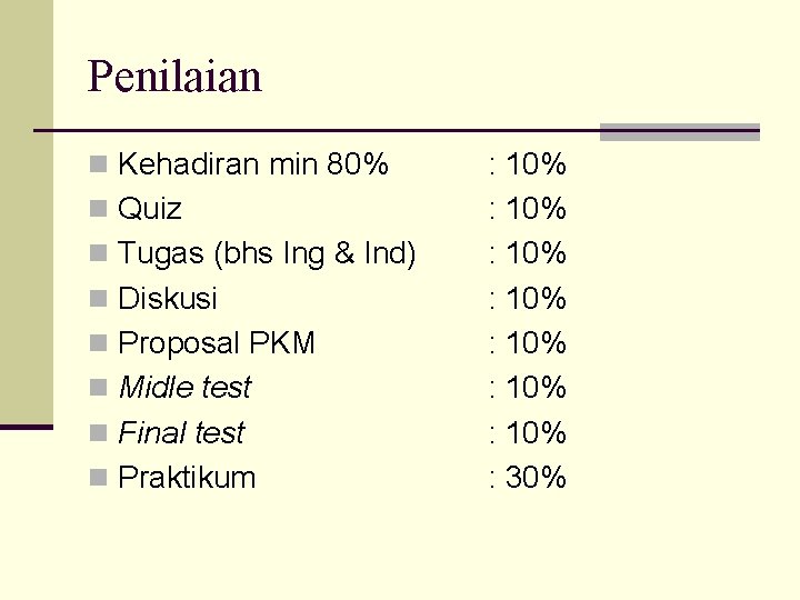 Penilaian n Kehadiran min 80% n Quiz n Tugas (bhs Ing & Ind) n