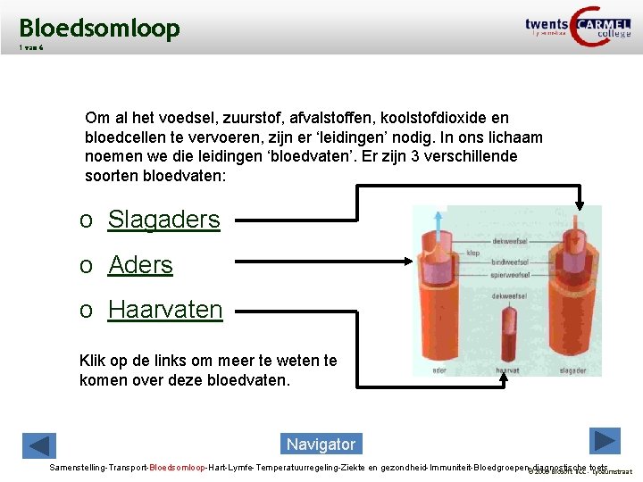 Bloedsomloop 1 van 6 Om al het voedsel, zuurstof, afvalstoffen, koolstofdioxide en bloedcellen te
