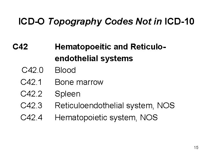 ICD-O Topography Codes Not in ICD-10 C 42. 1 C 42. 2 C 42.