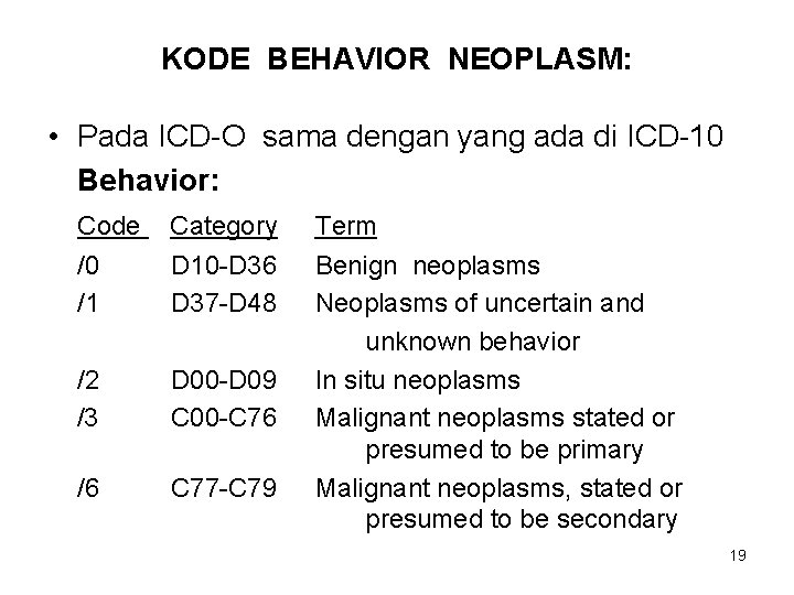 KODE BEHAVIOR NEOPLASM: • Pada ICD-O sama dengan yang ada di ICD-10 Behavior: Code