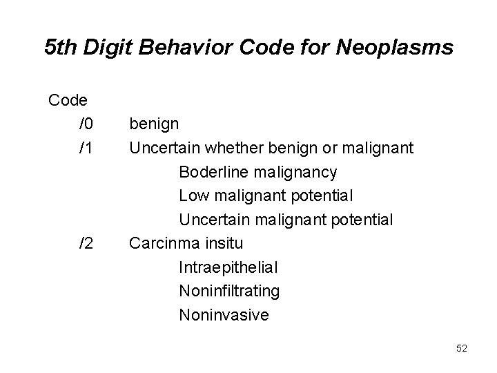 5 th Digit Behavior Code for Neoplasms Code /0 /1 /2 benign Uncertain whether