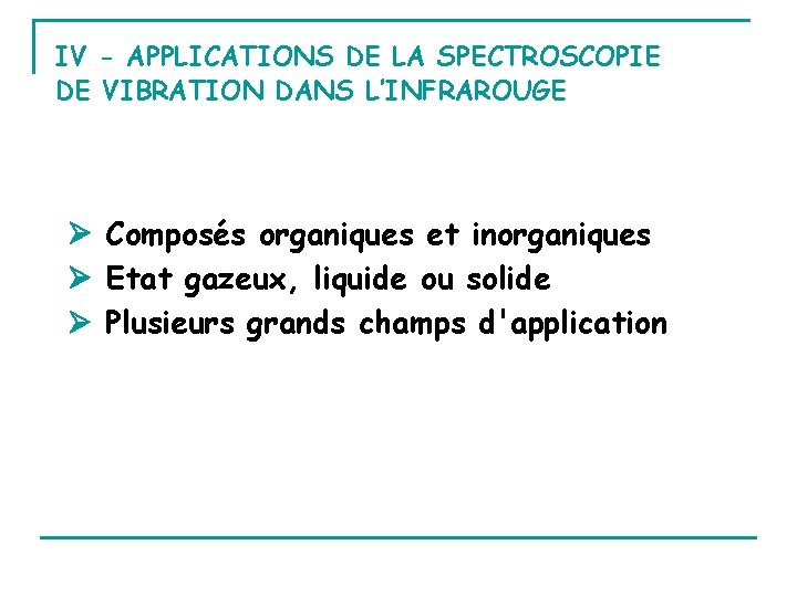 IV - APPLICATIONS DE LA SPECTROSCOPIE DE VIBRATION DANS L’INFRAROUGE Composés organiques et inorganiques