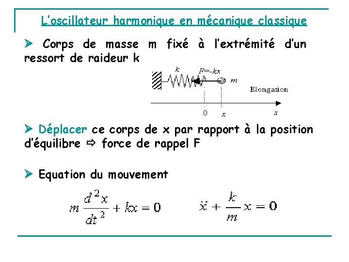 L’oscillateur harmonique en mécanique classique Corps de masse m fixé à l’extrémité d’un ressort