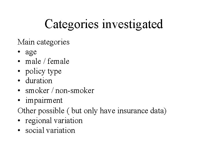 Categories investigated Main categories • age • male / female • policy type •