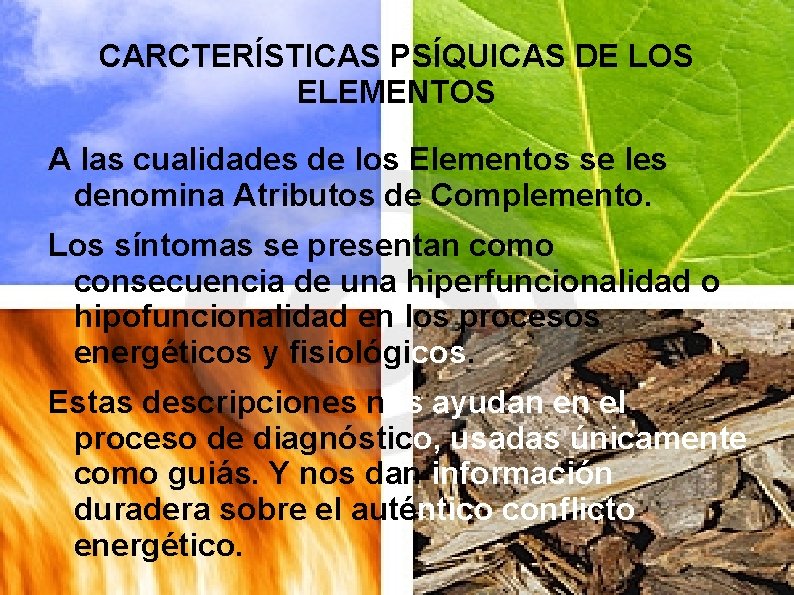 CARCTERÍSTICAS PSÍQUICAS DE LOS ELEMENTOS A las cualidades de los Elementos se les denomina