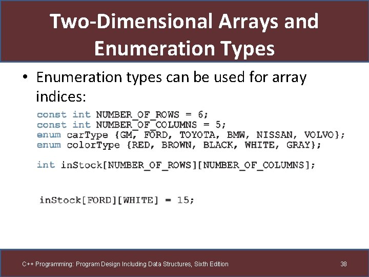 Two-Dimensional Arrays and Enumeration Types • Enumeration types can be used for array indices: