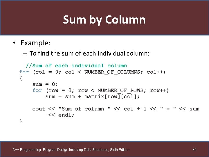 Sum by Column • Example: – To find the sum of each individual column: