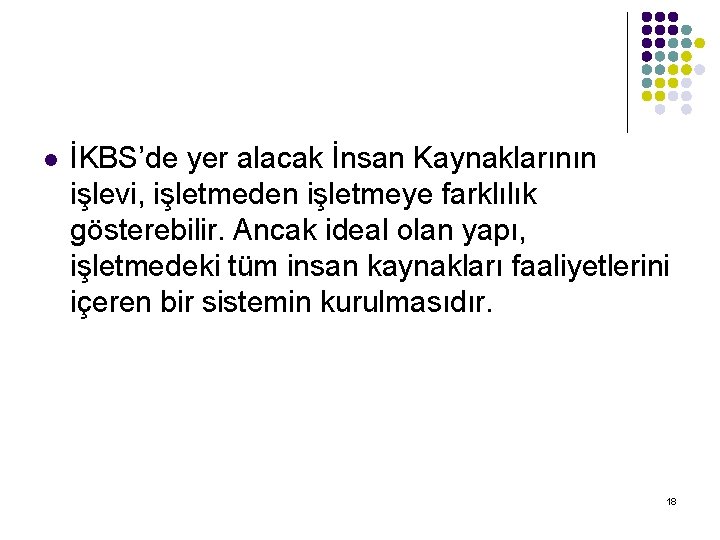 l İKBS’de yer alacak İnsan Kaynaklarının işlevi, işletmeden işletmeye farklılık gösterebilir. Ancak ideal olan