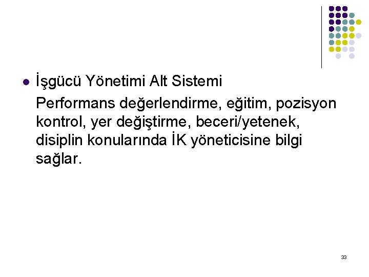 l İşgücü Yönetimi Alt Sistemi Performans değerlendirme, eğitim, pozisyon kontrol, yer değiştirme, beceri/yetenek, disiplin