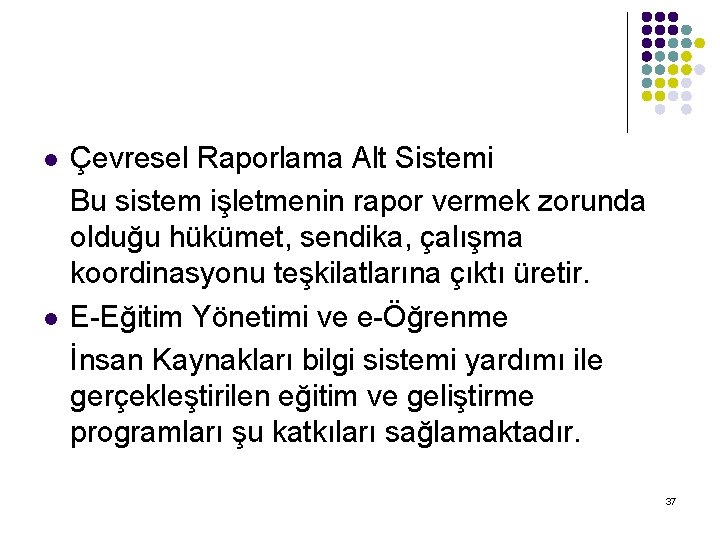 l l Çevresel Raporlama Alt Sistemi Bu sistem işletmenin rapor vermek zorunda olduğu hükümet,