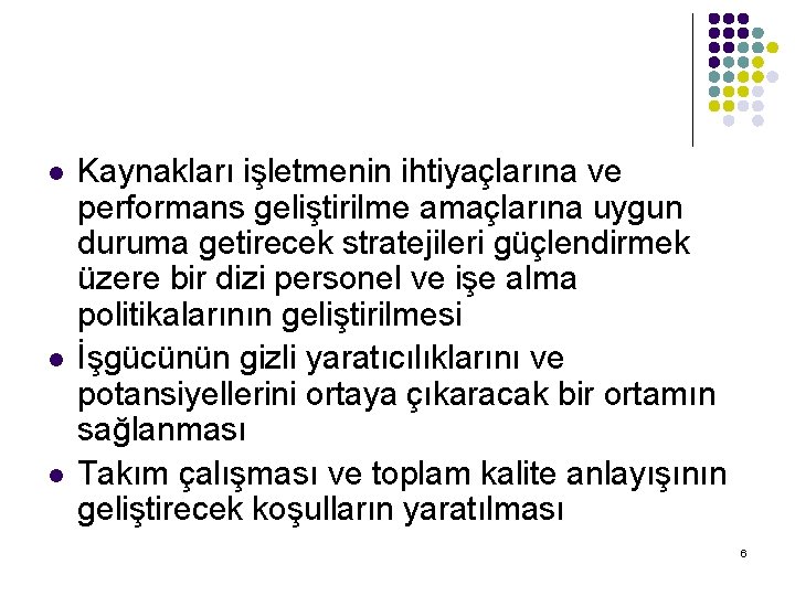 l l l Kaynakları işletmenin ihtiyaçlarına ve performans geliştirilme amaçlarına uygun duruma getirecek stratejileri