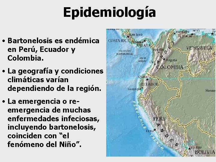 Epidemiología • Bartonelosis es endémica en Perú, Ecuador y Colombia. • La geografía y