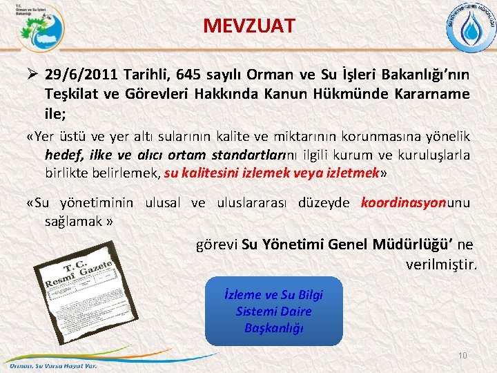 MEVZUAT Ø 29/6/2011 Tarihli, 645 sayılı Orman ve Su İşleri Bakanlığı’nın Teşkilat ve Görevleri