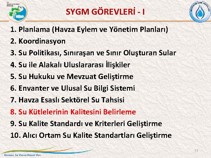 SYGM GÖREVLERİ - I 1. Planlama (Havza Eylem ve Yönetim Planları) 2. Koordinasyon 3.