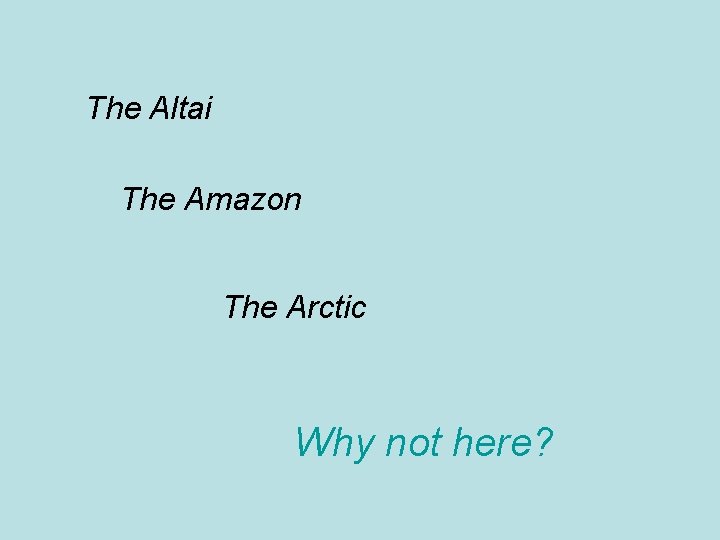 The Altai The Amazon The Arctic Why not here? 