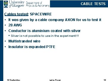 CABLE TESTS Cables tested: SPACEWIRE • It was given by a cable company AXON