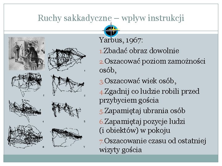 Ruchy sakkadyczne – wpływ instrukcji Yarbus, 1967: 1. Zbadać obraz dowolnie 2. Oszacować poziom